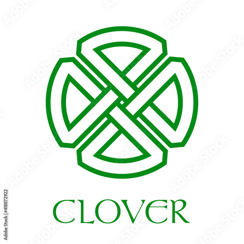 Logotipo abstracto con texto CLOVER con trébol lineal entrelazado de 4 hojas en color verde