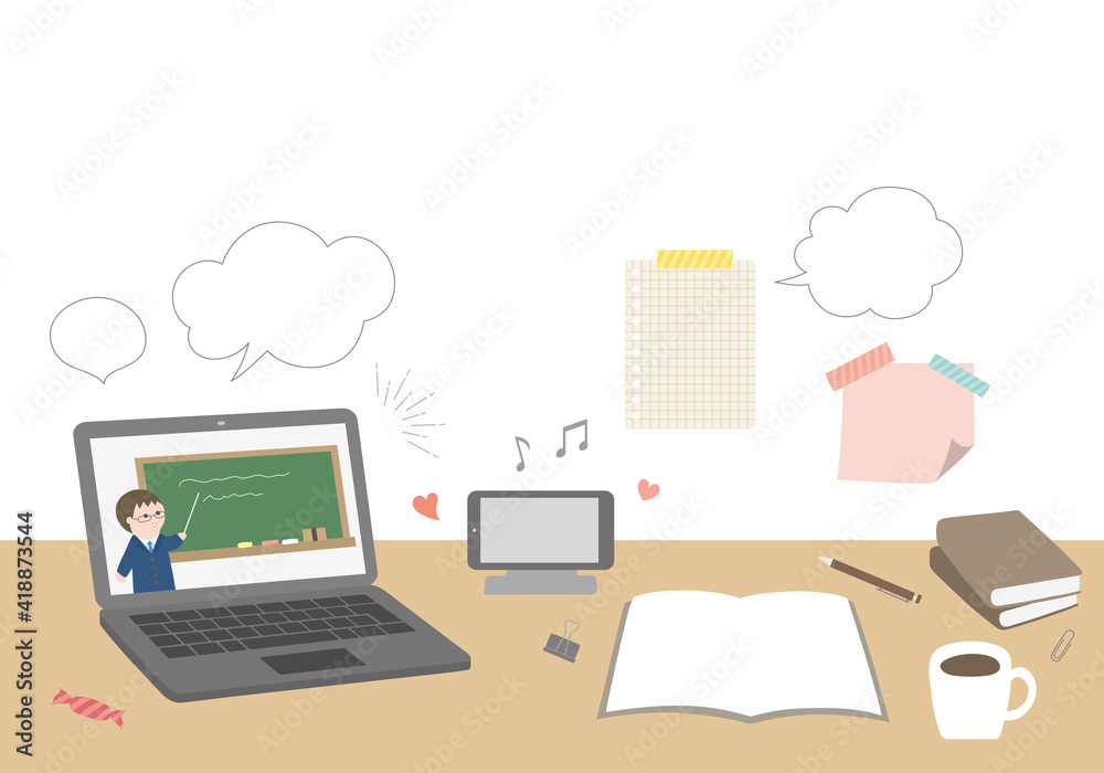 オンライン授業中の机の上のイラスト ノートパソコン Stock Vector Adobe Stock