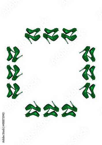 Frames on a white background A4, vertical - Dressed green shoes on the platform with a bow on a high thin heel.