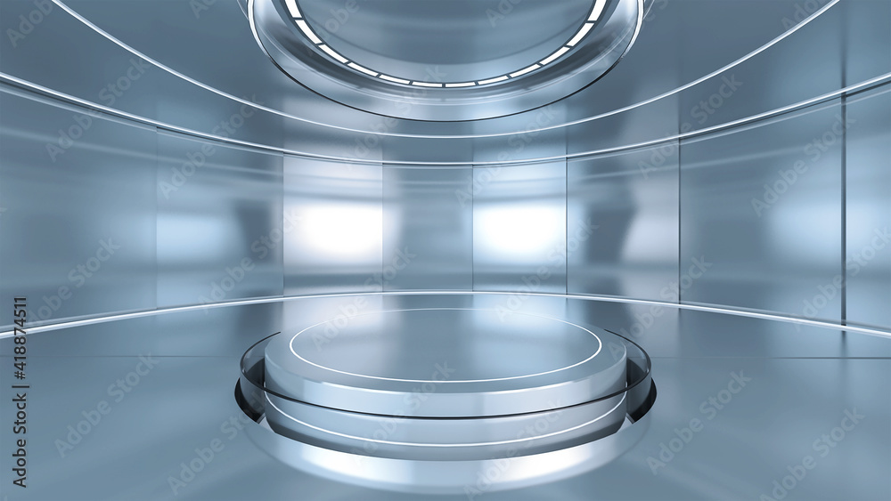Obraz premium 3D Illustration of futuristic glass room with a circle podium in the center for product presentation. 3D Rendering of digital glass room for graphic source.