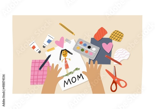 Happy Mother's Day - illustration. Cute prints with Children draw for mom. Online Education and learning for kids concept.