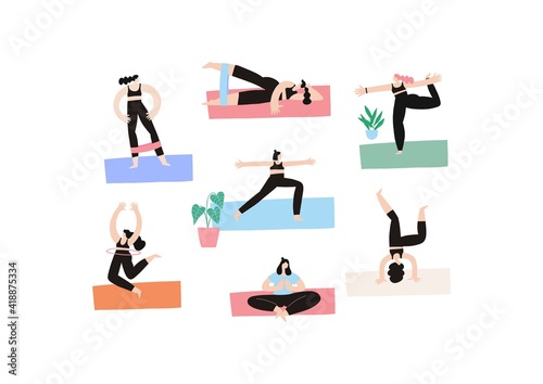 A young woman practices yoga and fitness on an online lesson on her mobile device or tv at home during isolation. Online fitness illustration in flat style. 