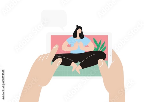 A young woman practices yoga and fitness on an online lesson on her mobile device or tv at home during isolation. Online fitness illustration in flat style. 