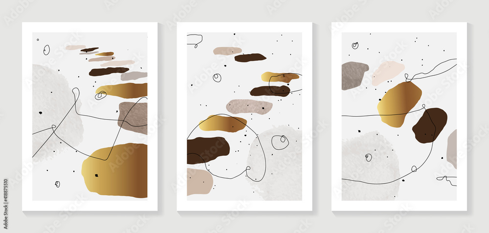 Gold abstract wall arts vector collection.  Soft earth tones color, Organic shape hand draw arts brush design for wall framed prints, canvas prints, poster, home decor, cover, wallpaper. 