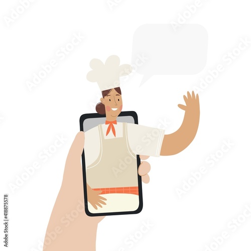 A young woman cooks at home in isolation and in quarantine and watches a cook’s video workshop online. Vector illustration - online cooking in a mobile device or tablet.