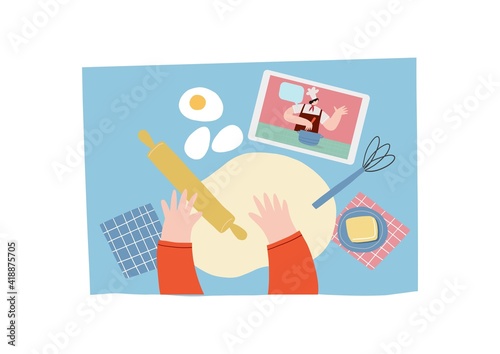A young woman cooks at home in isolation and in quarantine and watches a cook’s video workshop online. Vector illustration - online cooking in a mobile device or tablet.
