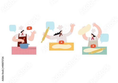 A young woman cooks at home in isolation and in quarantine and watches a cook’s video workshop online. Vector illustration - online cooking in a mobile device or tablet.