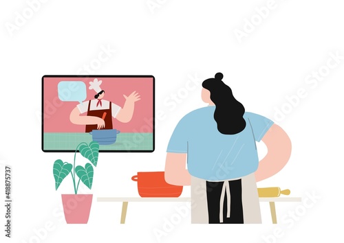 A young woman cooks at home in isolation and in quarantine and watches a cook’s video workshop online. Vector illustration - online cooking in a mobile device or tablet.