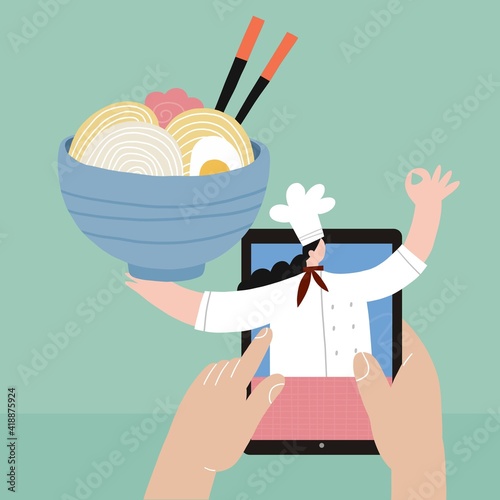 A young woman cooks at home in isolation and in quarantine and watches a cook’s video workshop online. Vector illustration - online cooking in a mobile device or tablet.