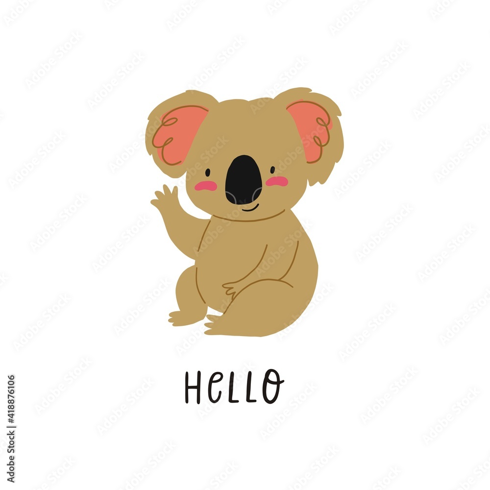 Cute cartoon character koala - hand drawn print for kids. 