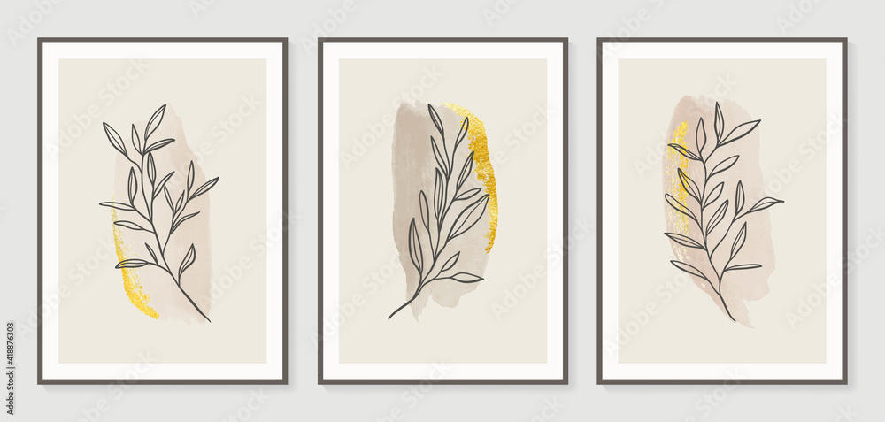 Botanical wall art vector set. Golden foliage line art drawing with watercolor.  Abstract Plant Art design for wall framed prints, canvas prints, poster, home decor, cover, wallpaper.