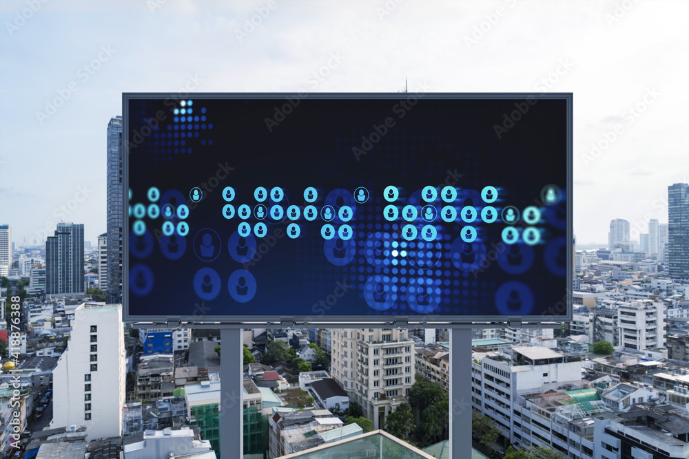 Glowing Social media icons on road billboard over panoramic city view of Bangkok, Southeast Asia. The concept of networking and establishing new connections between people and businesses.