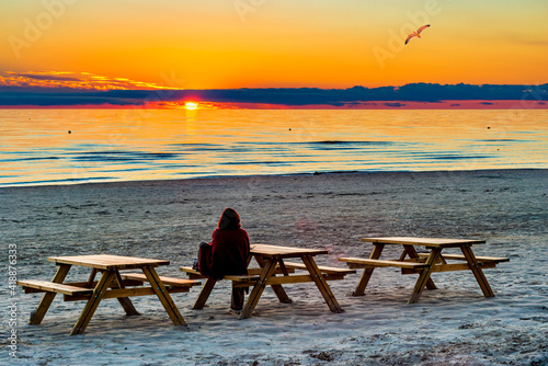 Colorful sunset on sandy beach of the Baltic Sea, Europe