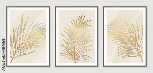 Botanical wall art vector set. Golden foliage line art drawing with watercolor.  Abstract Plant Art design for wall framed prints, canvas prints, poster, home decor, cover, wallpaper. © TWINS DESIGN STUDIO