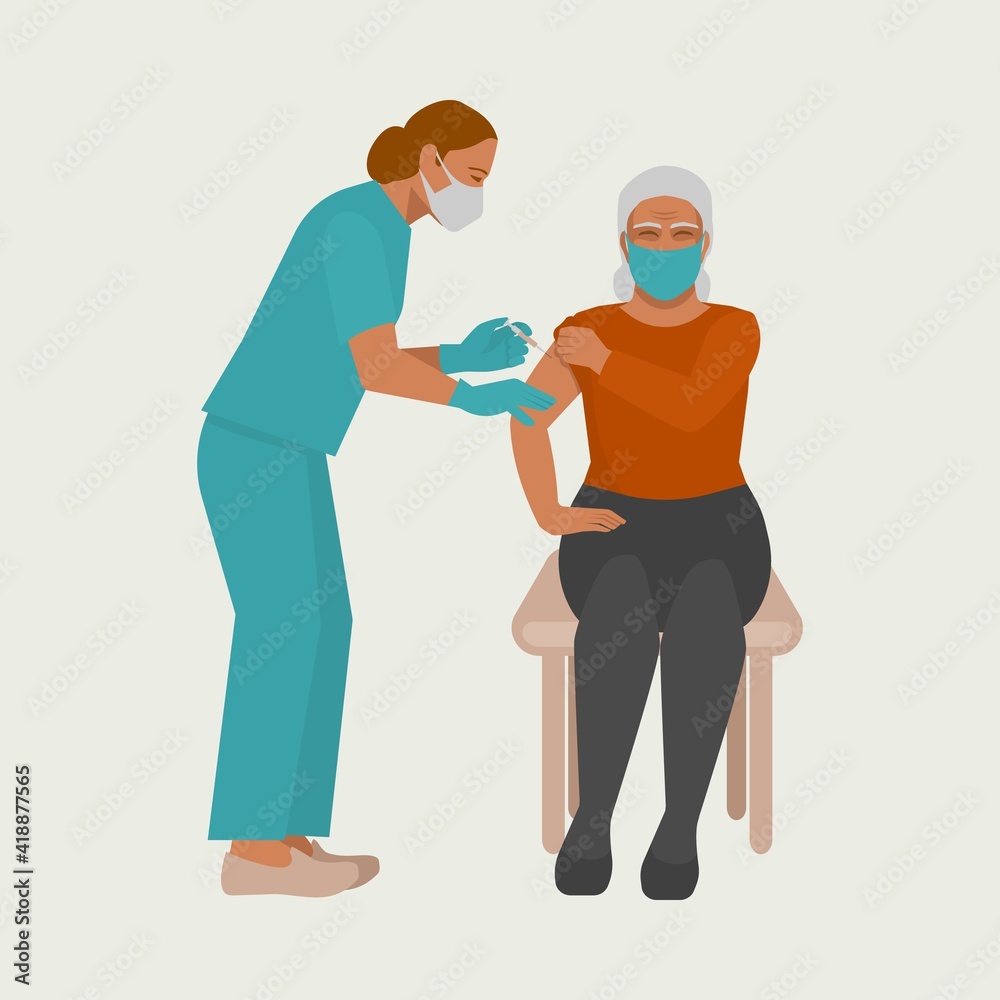 Vaccination of elderly. Nurse gives injection of vaccine to elderly woman