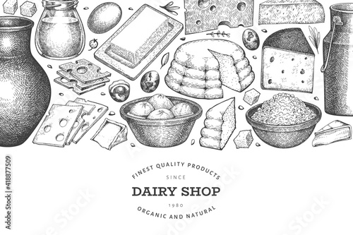 Farm food design template. Hand drawn vector dairy illustration. Engraved style different milk products and eggs banner. Retro food background.