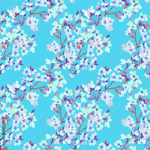 Watercolor branches of a blossoming apple tree on a blue background Seamless  floral pattern