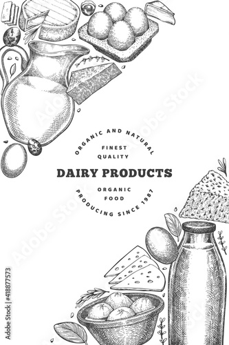 Farm food design template. Hand drawn vector dairy illustration. Engraved style different milk products and eggs banner. Retro food background.
