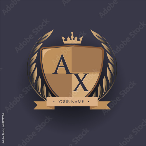 initial letter AX logotype colored brown and gold isolated with shield, crown and laurel design, logo for college and sport club.