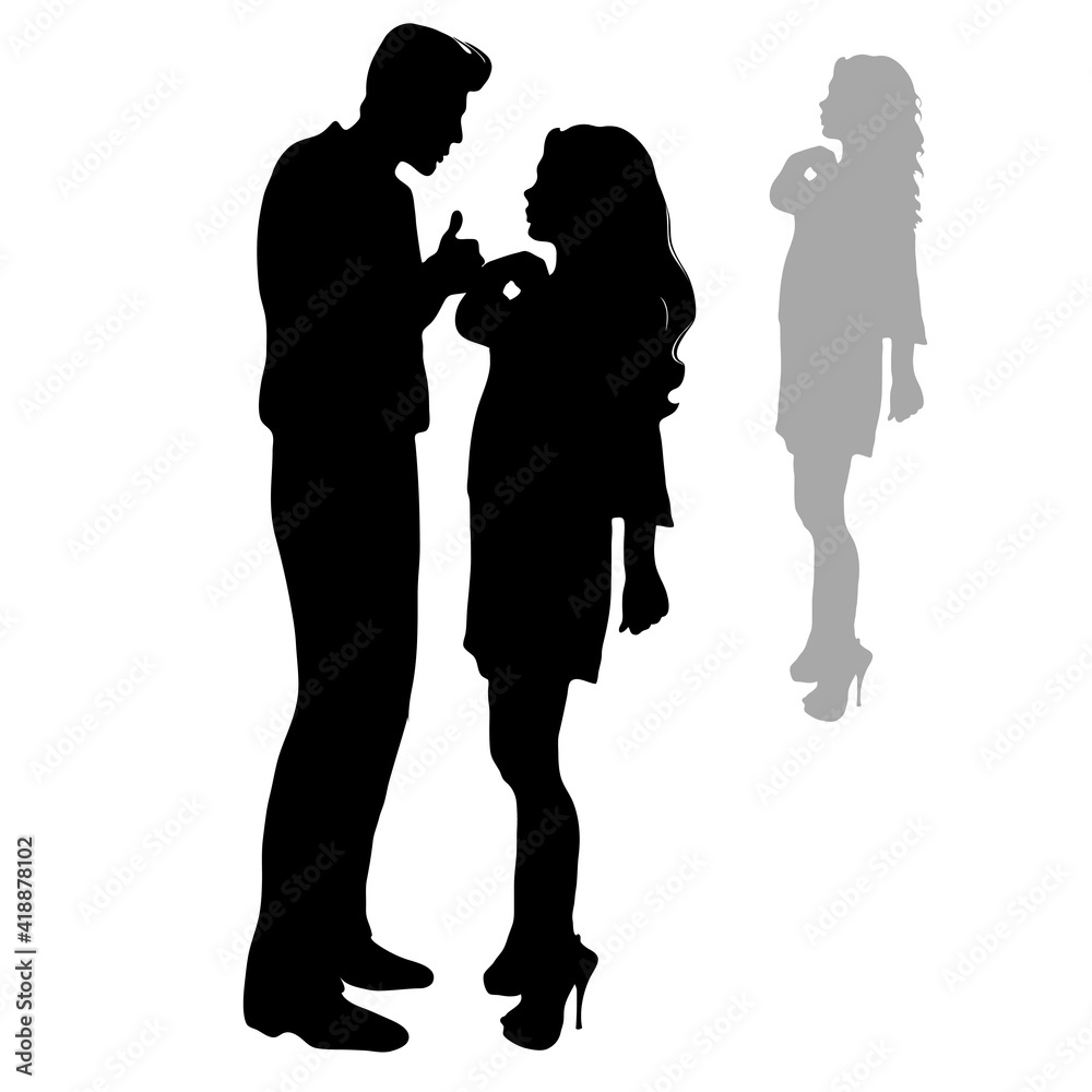 Vector people silhouettes. A young couple a girl and a guy sort out the relationship. A woman in a dress and shoes on high heels. Lovers quarrel