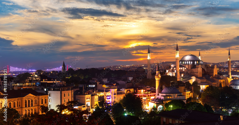 Istanbul sunset panorama with Bosphorus Bridge and Hagia Sophia Mosque, Turkey