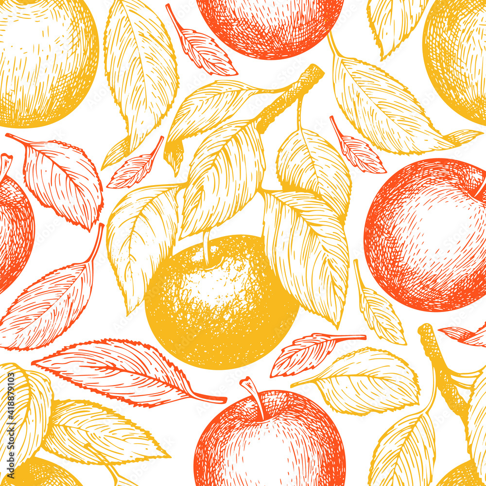 Apple branch seamless pattern. Hand drawn vector garden fruit illustration. Engraved style fruit retro botanical banner.