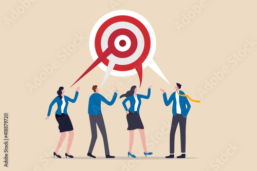 Teamwork aiming on the same target, collaboration to succeed in the same goal, partnership strategy concept, business people or business partner discussing work building circular dartboard target.