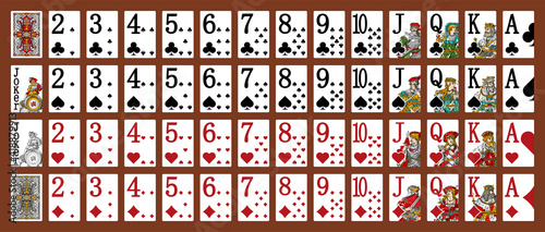 Poker set with isolated cards on green background. Poker playing cards - Full deck - Miniature playing cards for mobile applications