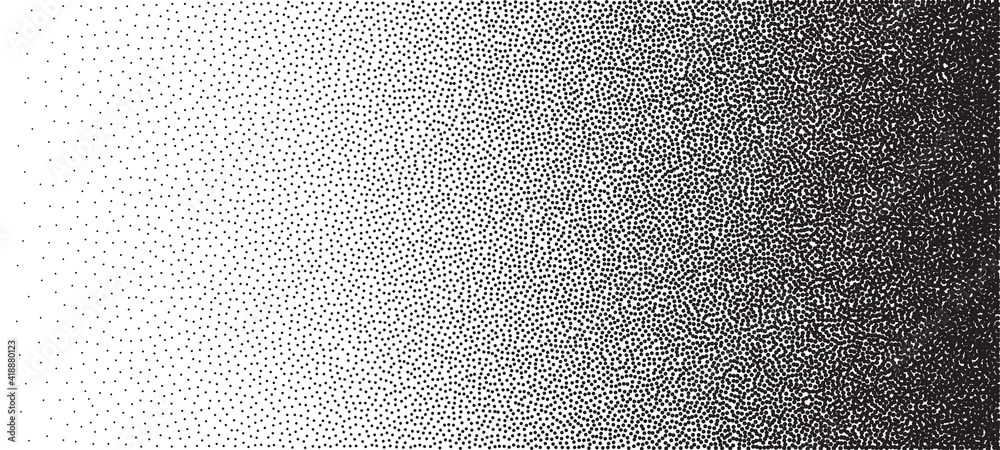 Dotwork gradient pattern vector background. Black noise stipple dots. Sand grain effect. Black dots grunge banner. Abstract noise dotwork pattern. Gradient circles. Stochastic dotted vector background