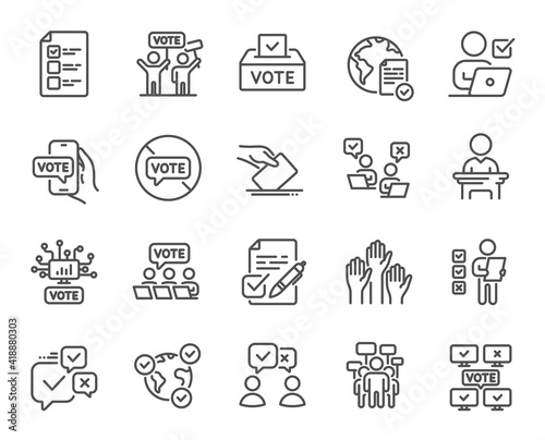Voting line icons. Public Election, Vote Box, Ballot Paper icons. Candidate, Politics voting and People vote. Government election, Raised hands, Document checklist. Online poll result. Vector