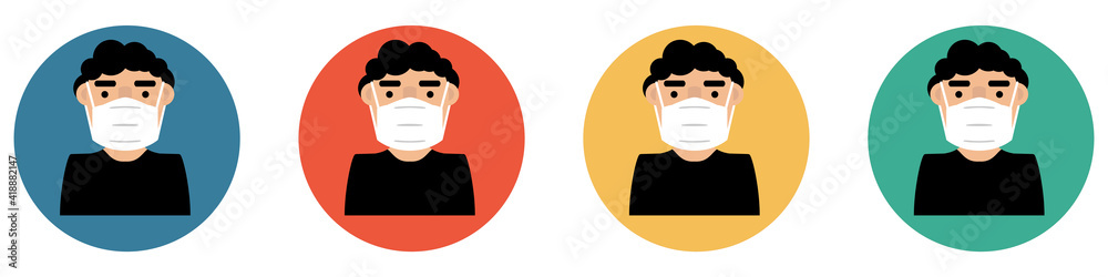 Bunter Banner mit 4 Buttons: Person mit Maske oder Mundschutz zum Schutz vor Coronavirus