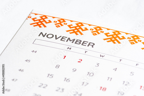 Month of November 2020 on the calendar on a white table with days, close up photo