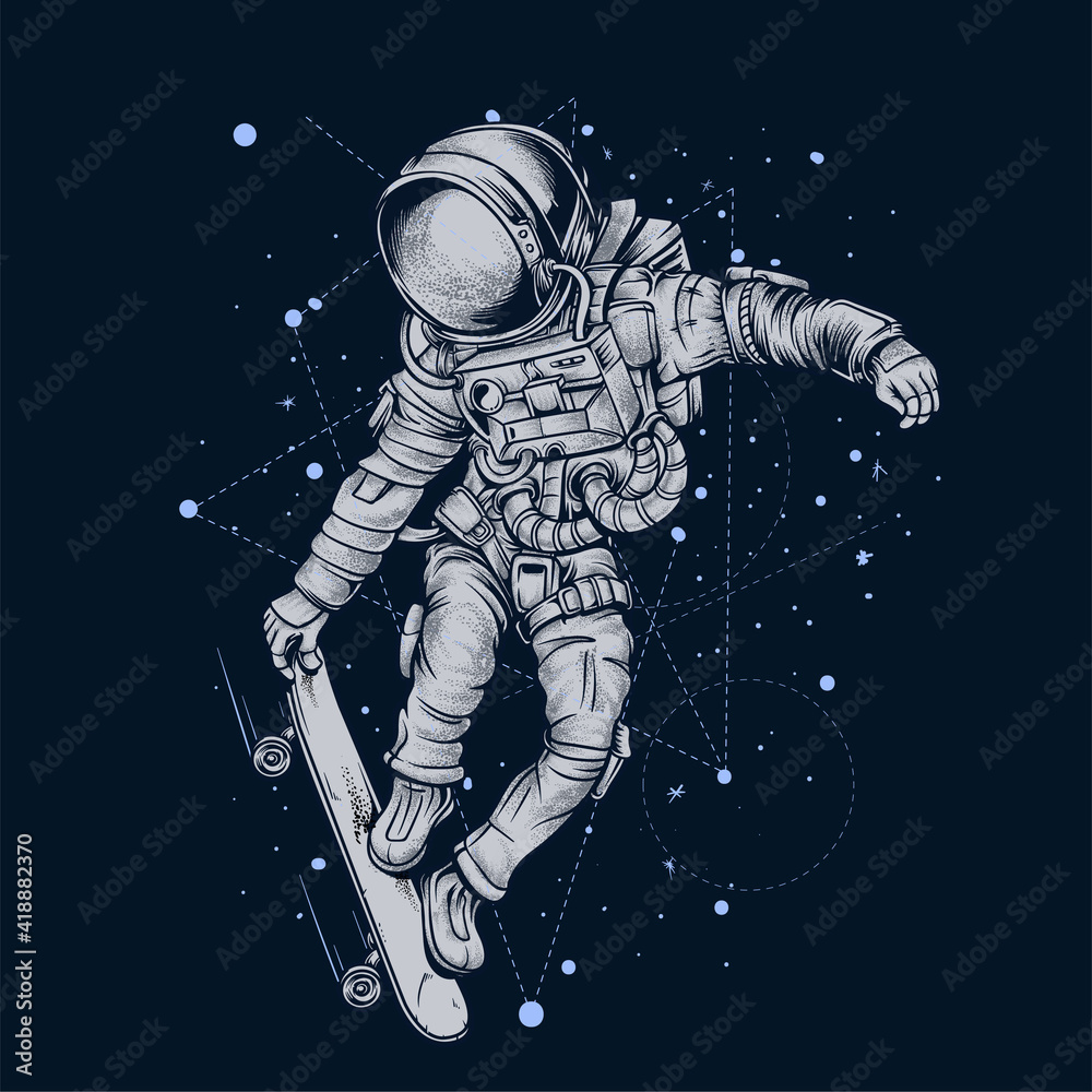 Fototapeta premium Astronaut Skateboarding in Space on night background
