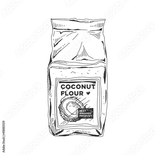 Coconut flour package, retro hand drawn vector illustration.