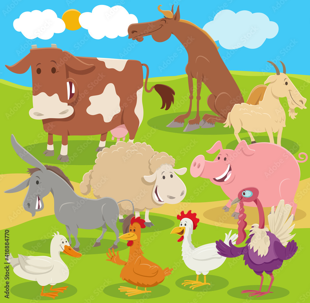 Naklejka premium cartoon farm animal characters group in the countryside
