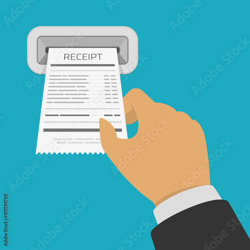 Hand holding Receipt. Businessman holds receipt, bill paper, flat design on blue background. Banking operations, Business and finance concept. Vector illustration in flat style. EPS 10.