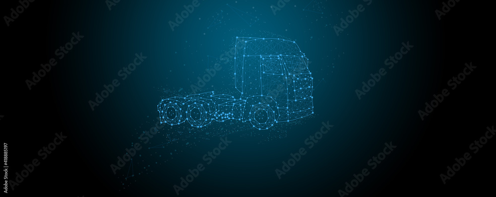 Cargo truck with semi-trailer from abstract futuristic polygonal black lines and dots. illustration