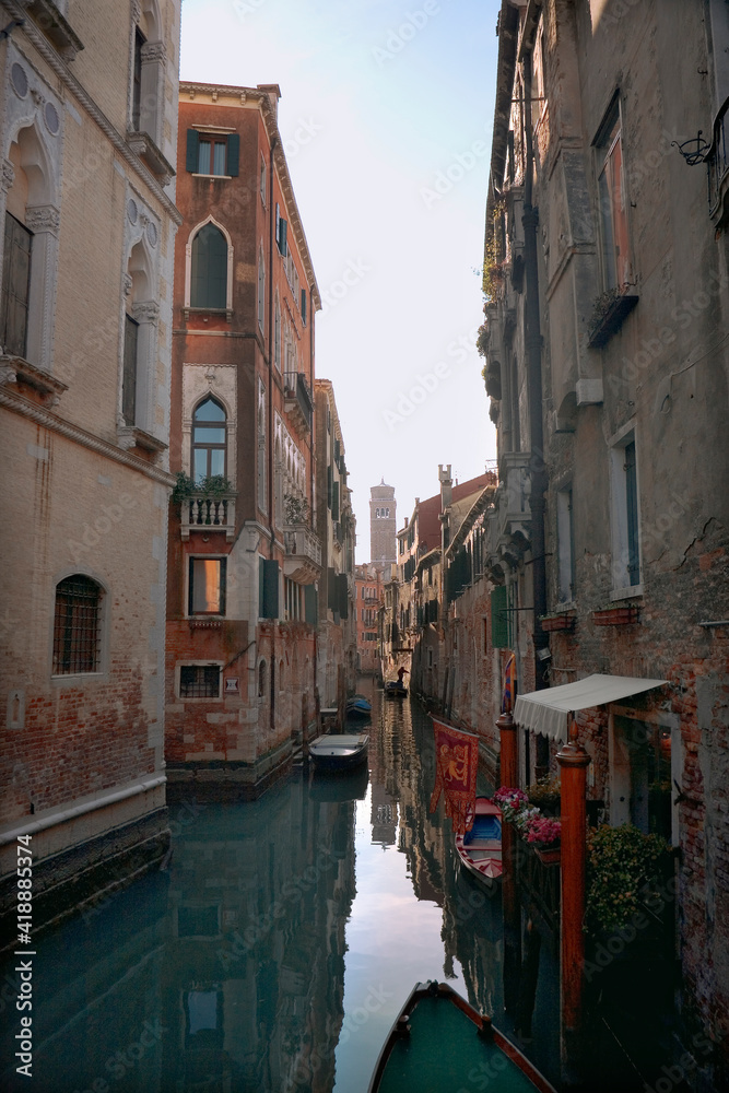 A picturesque and peaceful Venetian backwater: Rio di San Polo from the Ponte Bernardo, San Polo, Venice, Italy