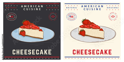 Slice of strawberry cheesecake vintage retro illustration