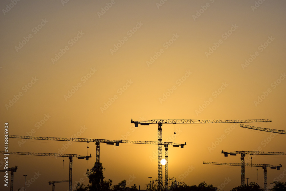 Sunset over cranes in construction site