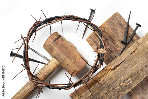 Good Friday  Passion of Jesus Christ. Crown of thorns  nails isolated on white background. Christian Easter holiday. Top view  copy space. Crucifixion  resurrection of Jesus Christ. Gospel  salvation