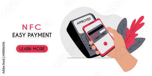 Contactless payment with a smartphone NFC technology concept. Horizontal banner header web template. Human hand holding telephone. Payment terminal for credit cards. New normal. Stock vector flat..