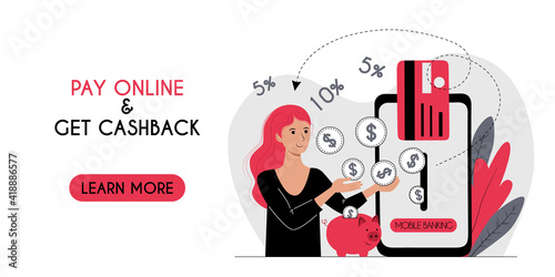 Online payment and receiving cashback for purchases in mobile banking concept. Horizontal banner header web template. Young woman paying by credit card and get money. Cash saving. Stock vector flat.