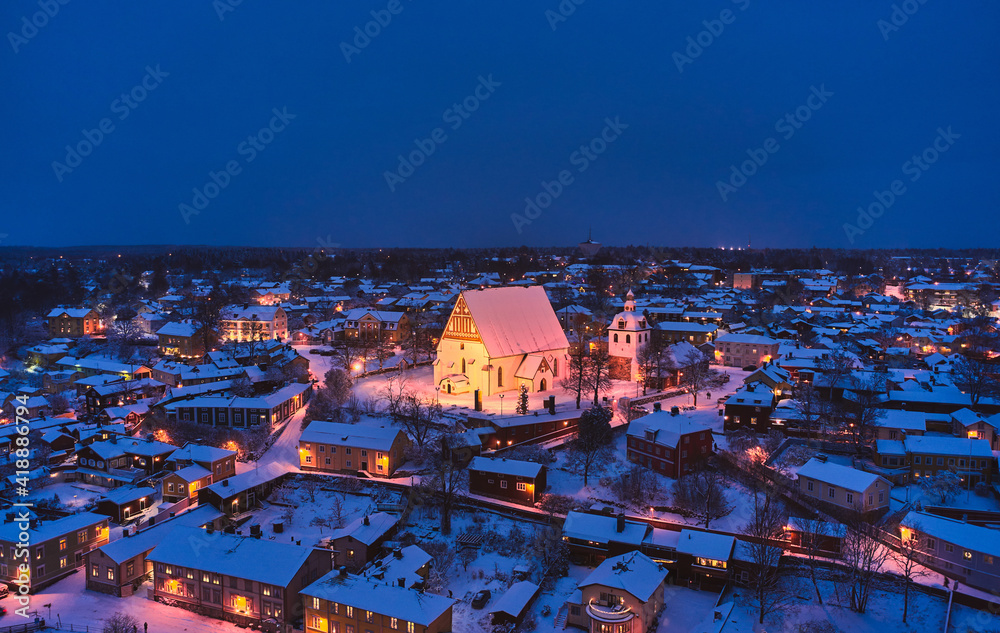 Aerial view of Old Porvoo in the winter evening with Christmas decoration, Finland. Porvoo is one of the most famous, beautiful old Finnish cities.