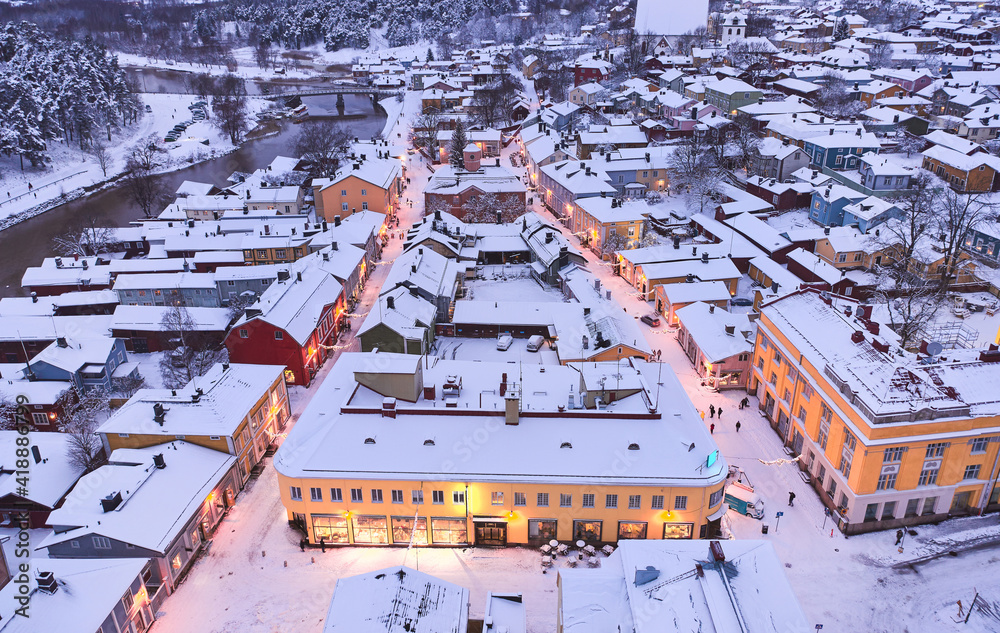 Aerial view of Old Porvoo in the winter evening with Christmas decoration, Finland. Porvoo is one of the most famous, beautiful old Finnish cities.