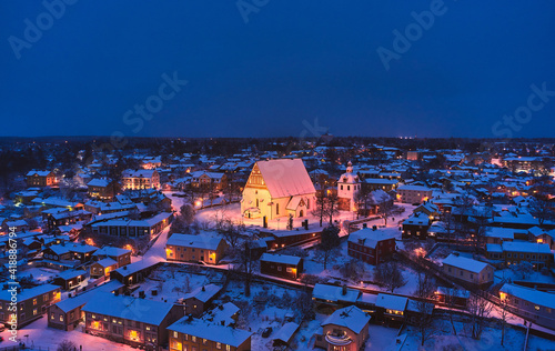 Aerial view of Old Porvoo in the winter evening with Christmas decoration, Finland. Porvoo is one of the most famous, beautiful old Finnish cities.
