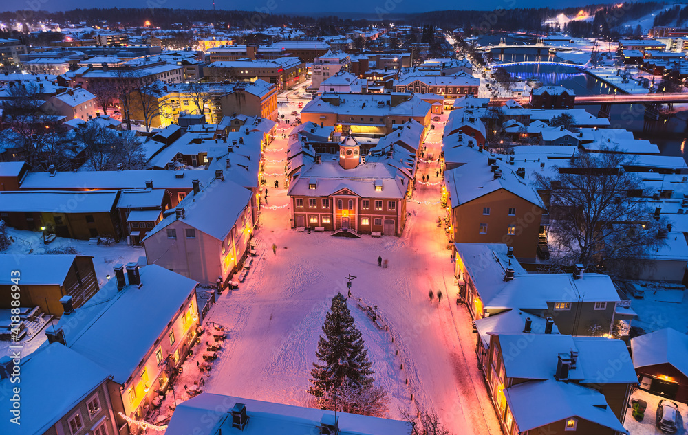 Aerial view of Old Porvoo in the winter evening with Christmas decoration, Finland. Porvoo is one of the most famous, beautiful old Finnish cities.