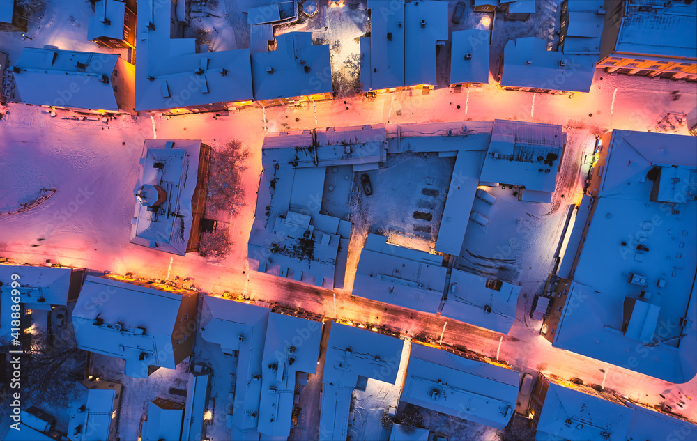 Aerial view of Old Porvoo in the winter evening with Christmas decoration, Finland. Porvoo is one of the most famous, beautiful old Finnish cities.