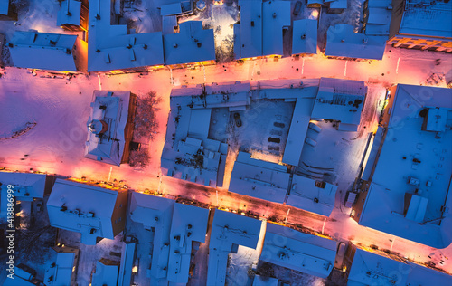 Obraz na płótnie Aerial view of Old Porvoo in the winter evening with Christmas decoration, Finland. Porvoo is one of the most famous, beautiful old Finnish cities. w salonie