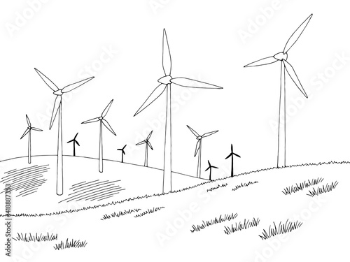 Windmills graphic black white landscape sketch illustration vector